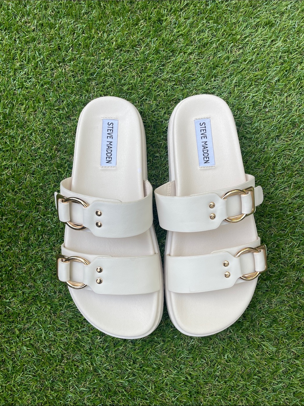 Steve Madden Cream Double-Buckle Slide Sandals with Gold Hardware